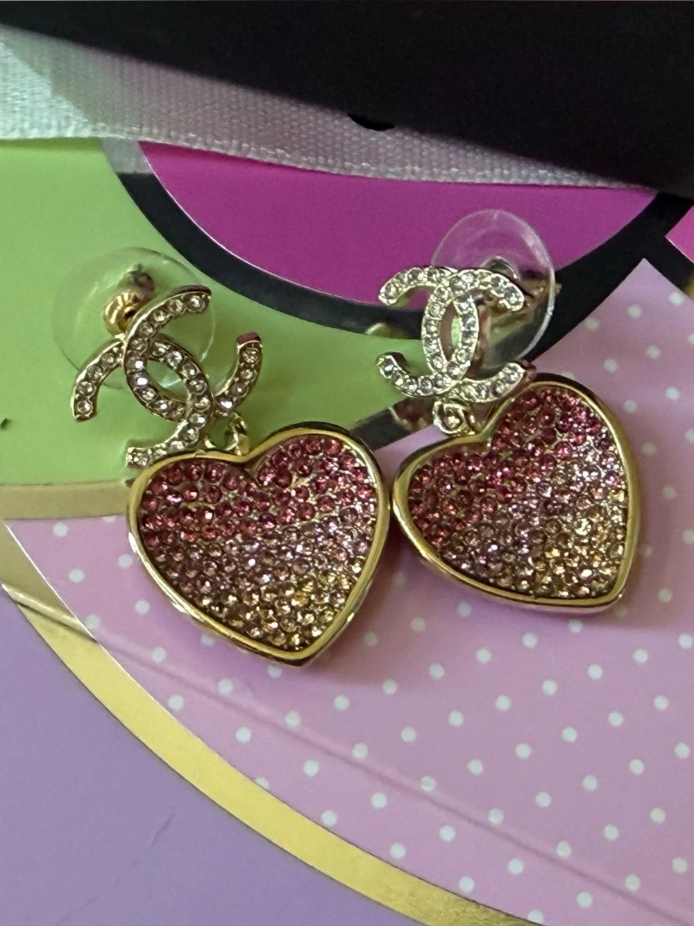 Chanel Gold and Pink Heart drop earrings